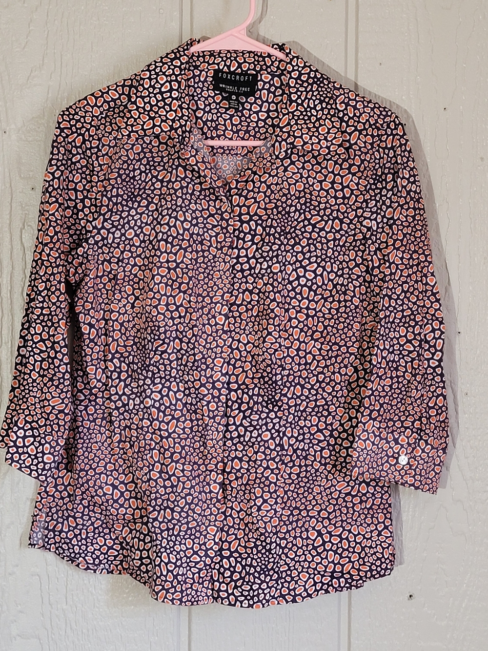 Foxcroft Navy Button-Down Shirt with Orange Spot Print